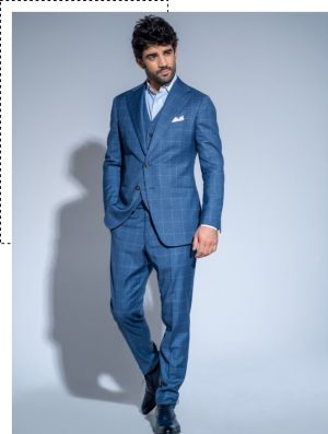 Costume 3 pièces sur mesure à carreaux bleu